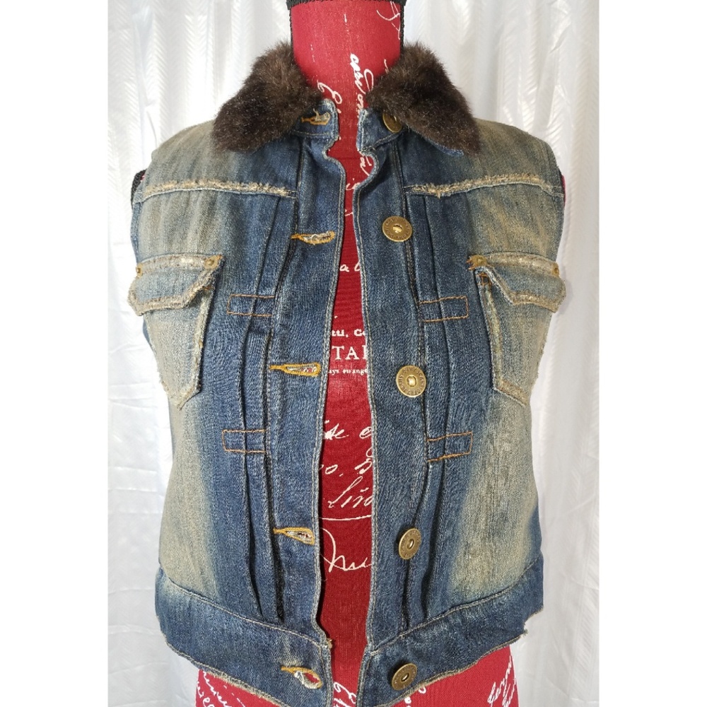 DKNY Faux Fur Lined denim Vest size Small